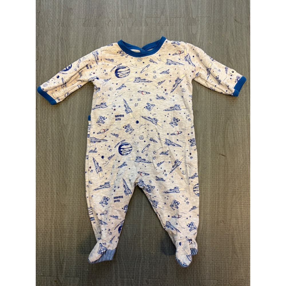 Petit Bateau Footed Pajamas 3m Gray Space Rocket Planet Cotton Sleeper Baby